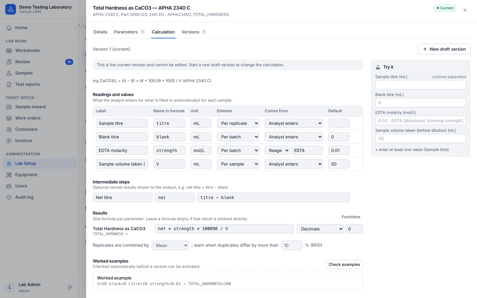 Tanush LIMS formula editor for total hardness, with the readings, their units and a worked example that is checked before the method goes live